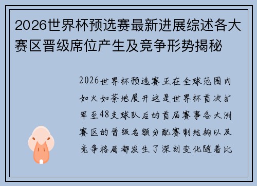 2026世界杯预选赛最新进展综述各大赛区晋级席位产生及竞争形势揭秘 2026世界杯预选赛最新进展综述各大赛区晋级席位产生及竞争形势揭秘